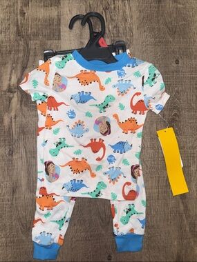 Kids White Dinosaur Pajama Matching Set with Blue Trim
